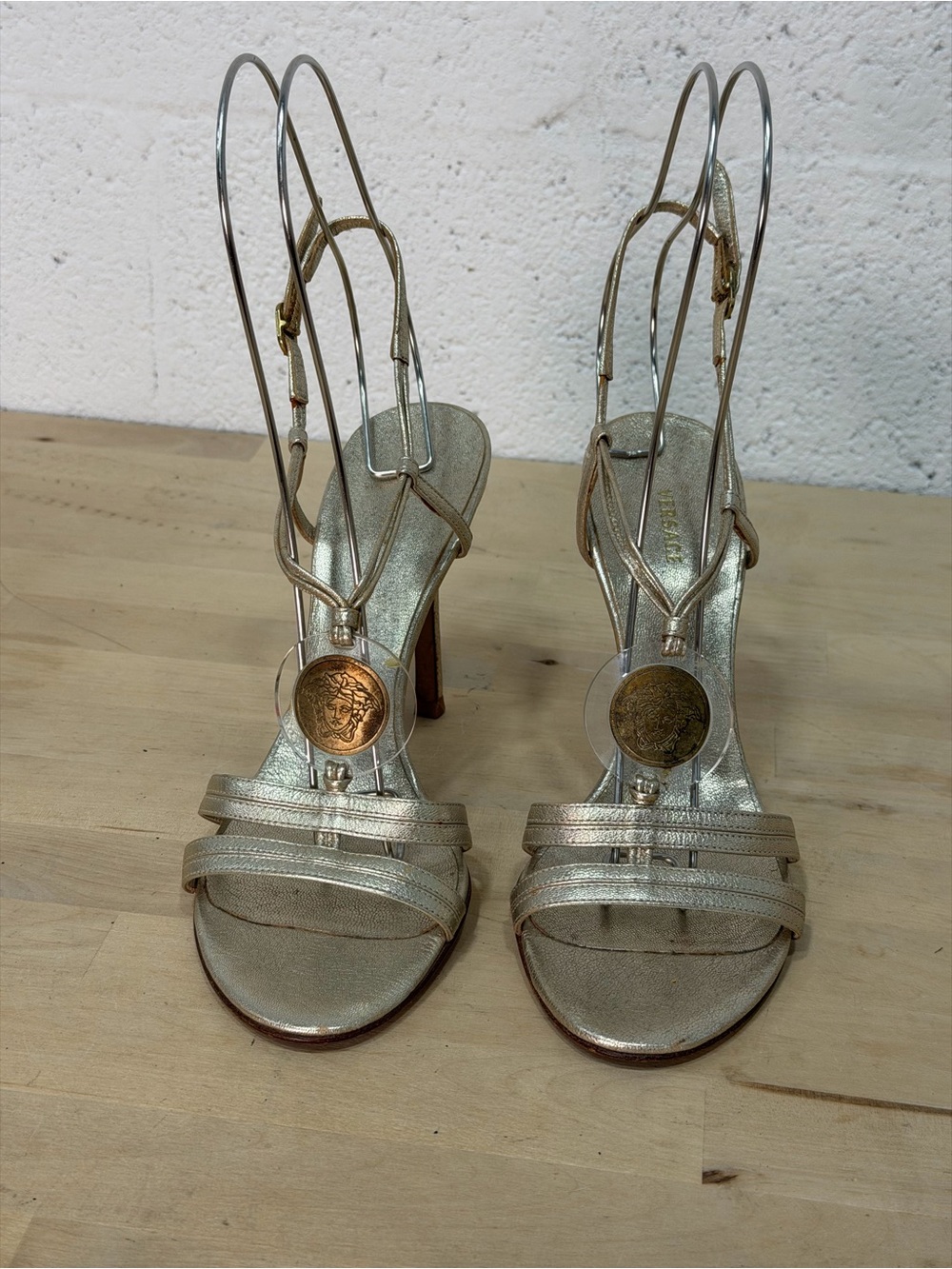 Versace Metallic Gold Strappy Heeled Sandals with Medallion